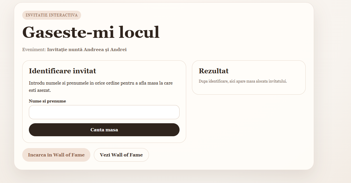 Pagina văzută de invitați cu masa alocată și opțiunea de încărcare poze